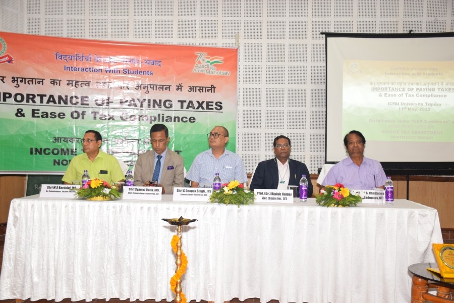 Speakers at the seminar on the importance of paying and ease of tax compliance organised by University Tripura Campus in collaboration with the Income Tax Department , Agartala on May 11. (Photo Courtesy: ICFAI University)